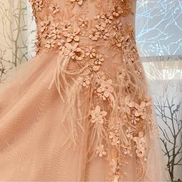 RICKIE FREEMAN TERI JON pink beading sequins feather flower tulle maxi dress - Picture 4 of 13